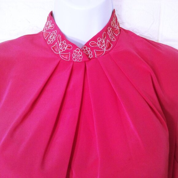 Vintage 80s Gailord High-Neck Pleated Blouse Top (8) Embroidered Metallic Cuffs - Picture 4 of 10